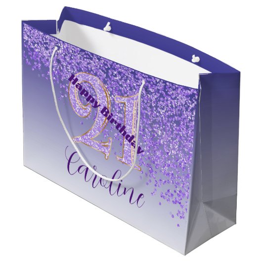 Pretty Falling Purple Glitter 21st Birthday Groot Cadeauzakje (Achterkant Gekanteld)