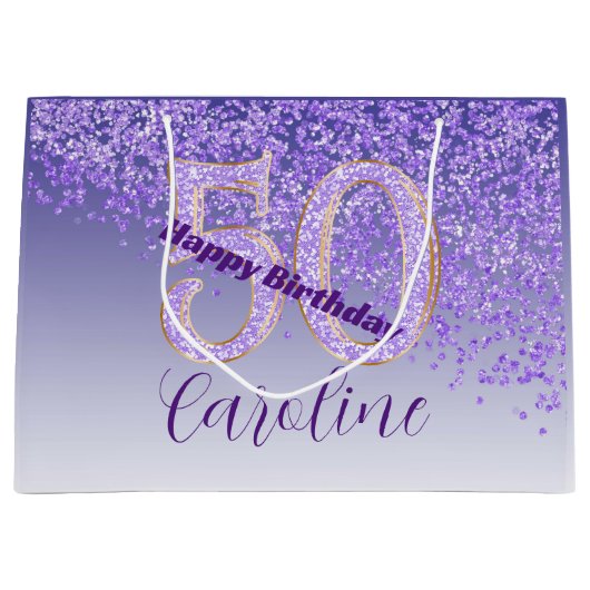 Pretty Falling Purple Glitter 50th Birthday Groot Cadeauzakje (Voorkant)