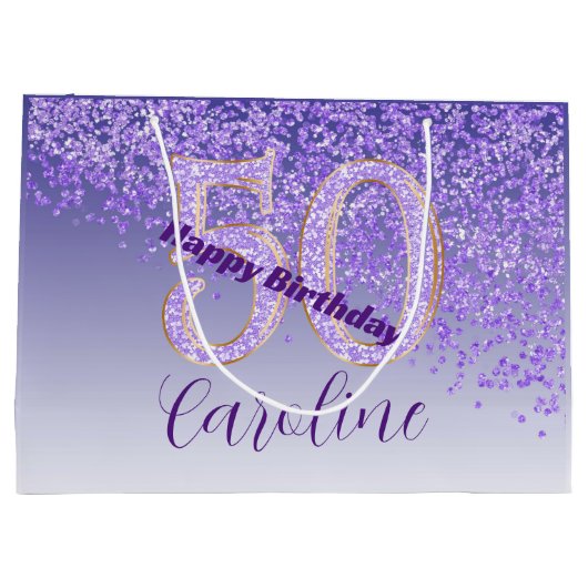 Pretty Falling Purple Glitter 50th Birthday Groot Cadeauzakje (Achterkant)