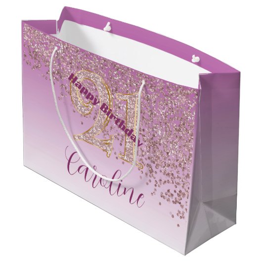 Pretty Falling Rose Gold Glitter 21st Birthday Groot Cadeauzakje (Achterkant Gekanteld)