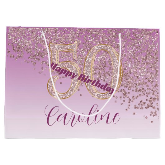 Pretty Falling Rose Gold Glitter 50th Birthday Groot Cadeauzakje (Achterkant)