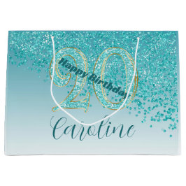 Pretty Falling Teal Blue Glitter 20th Birthday Groot Cadeauzakje