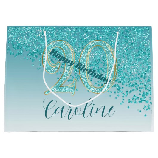 Pretty Falling Teal Blue Glitter 20th Birthday Groot Cadeauzakje (Voorkant)