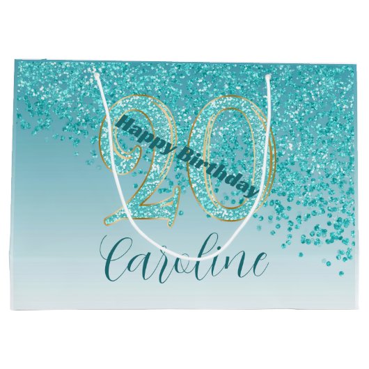 Pretty Falling Teal Blue Glitter 20th Birthday Groot Cadeauzakje (Achterkant)