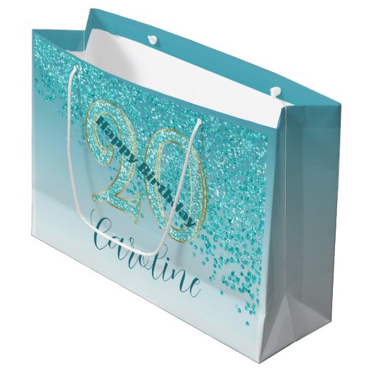 Pretty Falling Teal Blue Glitter 20th Birthday Groot Cadeauzakje (Voorkant Gekanteld)