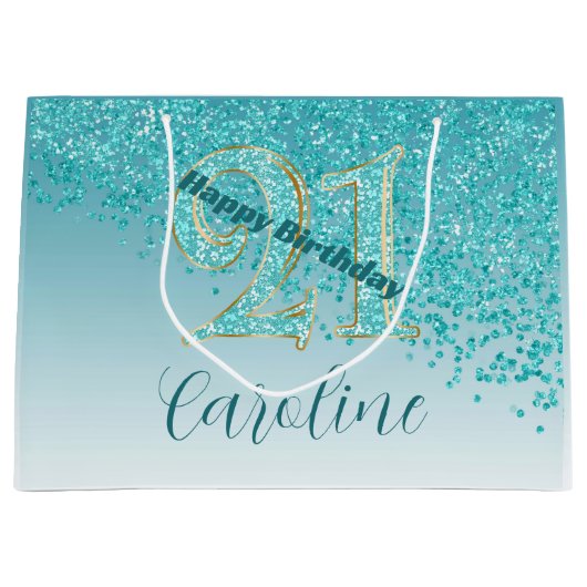 Pretty Falling Teal Blue Glitter 21st Birthday Groot Cadeauzakje (Voorkant)