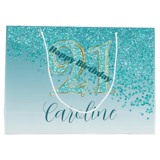 Pretty Falling Teal Blue Glitter 21st Birthday Groot Cadeauzakje (Achterkant)