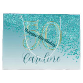 Pretty Falling Teal Blue Glitter 50th Birthday Groot Cadeauzakje (Achterkant)