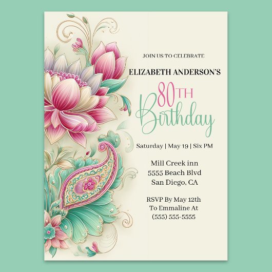 Pretty Fancy Paisley Flower 80th Birthday Kaart