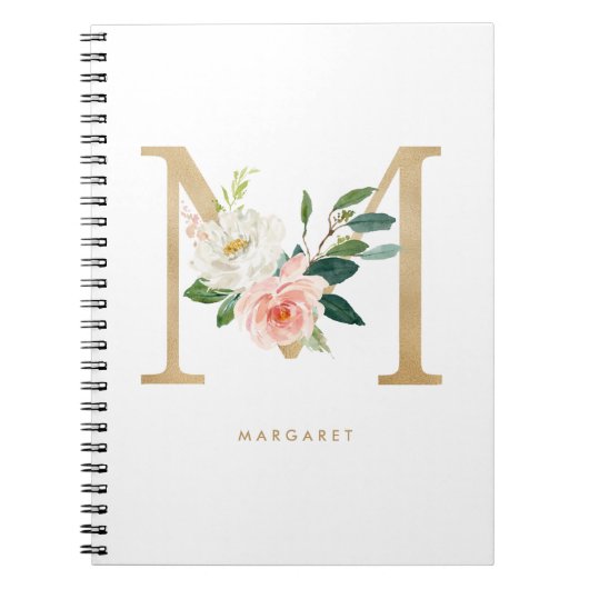 Pretty Faux Gold Foil Floral Letter M Monogram Notitieboek (Voorkant)