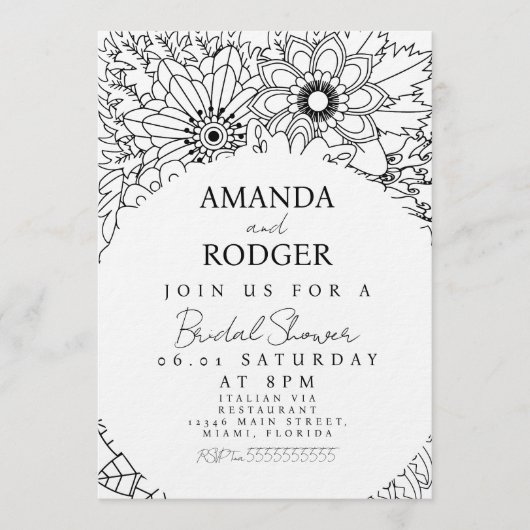 Pretty Floral Doodles Black White Bridal Shower Kaart (Voorkant)