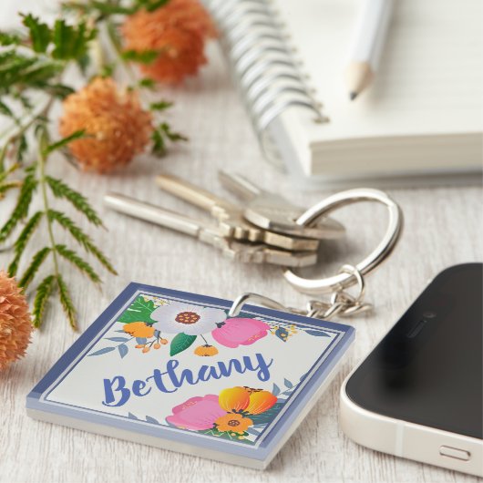 Pretty Floral Frame Personalised Sleutelhanger (Voorkant Rechts)