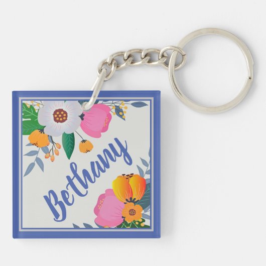 Pretty Floral Frame Personalised Sleutelhanger (Achterkant)