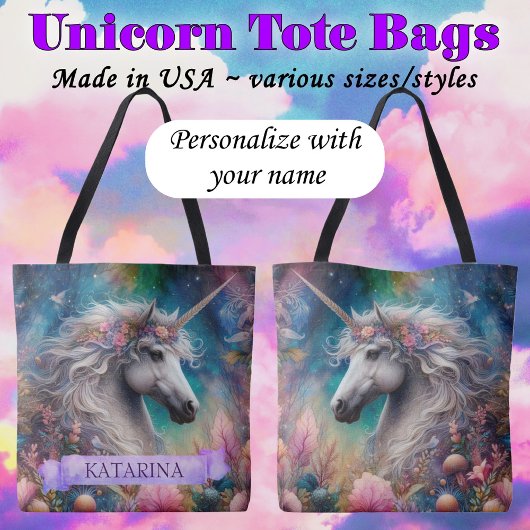 Pretty Floral Whimsical Unicorn Custom Name Tote Bag