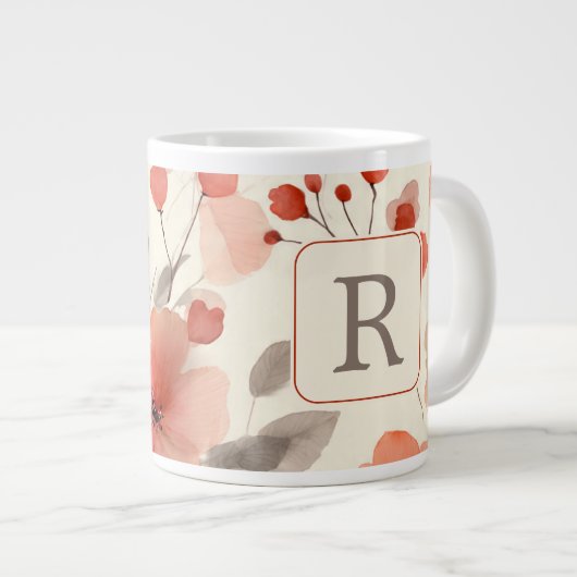 Pretty Flower Monogram Template Personalized Grote Koffiekop (Voorkant rechts)