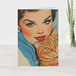 PRETTY GIRL WITH CAT BIRTHDAY RETRO GREETING CARD KAART