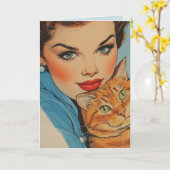 PRETTY GIRL WITH CAT BIRTHDAY RETRO GREETING CARD KAART (Gele Bloem)