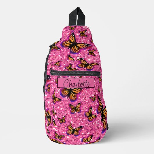 Pretty Girly Vlinders roze glitters glanzend  Sling Bag (Voorkant)