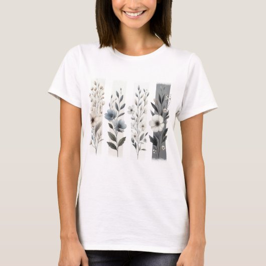 PRETTY GRAY AND WHITE PASTEL WILDFLOWERS T-SHIRT (Voorkant)