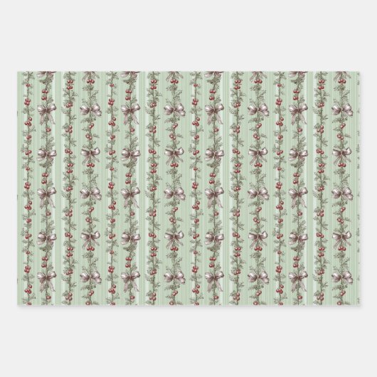 Pretty Green Toile Christmas Berries And Bows Inpakpapier Vel (Voorkant 3)