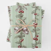 Pretty Green Toile Christmas Berries And Bows Inpakpapier Vel (In situ)
