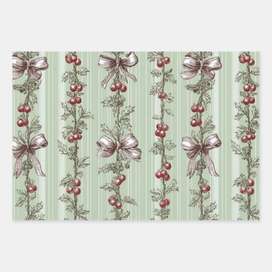 Pretty Green Toile Christmas Berries And Bows Inpakpapier Vel (Voorkant)