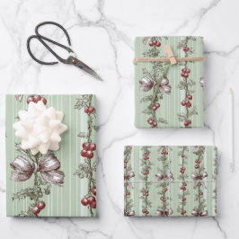 Pretty Green Toile Christmas Berries And Bows Inpakpapier Vel