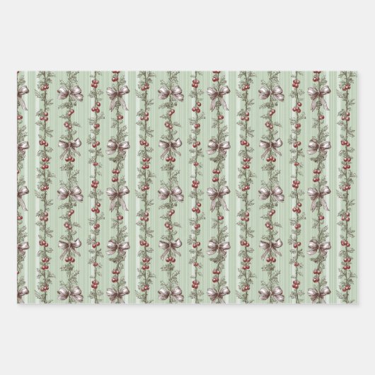 Pretty Green Toile Christmas Berries And Bows Inpakpapier Vel (Voorkant 3)