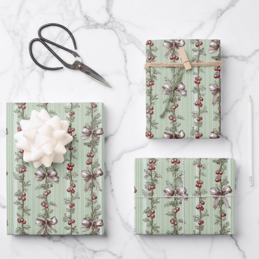Pretty Green Toile Christmas Berries And Bows Inpakpapier Vel (Voorkant)