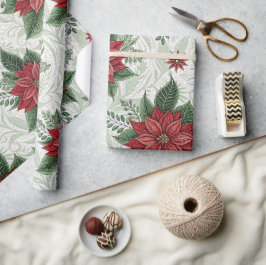 Pretty Green Toile Red Christmas Flower Pattern Cadeaupapier