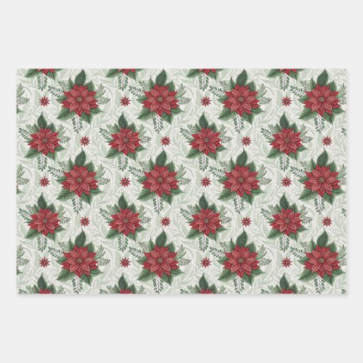 Pretty Green Toile Red Christmas Flower Pattern Inpakpapier Vel (Voorkant 3)