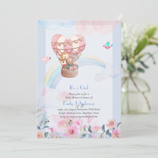 Pretty Hete Luchtballon Dieren Meisje Baby Shower Kaart (Staand voorkant)