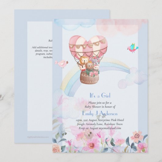 Pretty Hete Luchtballon Dieren Meisje Baby Shower Kaart (Voorkant / Achterkant)
