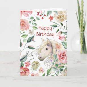 Pretty Horse in Rose Flower Garden Birthday Kaart