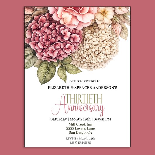 Pretty Hydrangea Rose 30th Anniversary Kaart