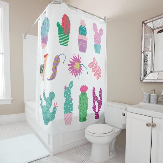 Pretty illustrations cactus Pattern pink green Douchegordijn (In situ)