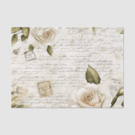 Pretty Ivory Roses on Simulated Text and Stamps Tissuepapier