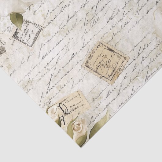 Pretty Ivory Roses on Simulated Text and Stamps Tissuepapier (Detail)