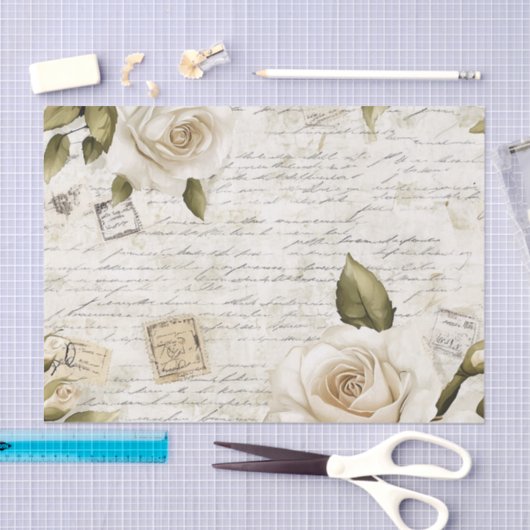 Pretty Ivory Roses on Simulated Text and Stamps Tissuepapier (Craft)