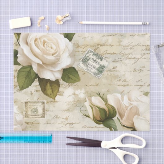 Pretty Ivory Roses with Simulated Text and Stamps Tissuepapier (Craft)