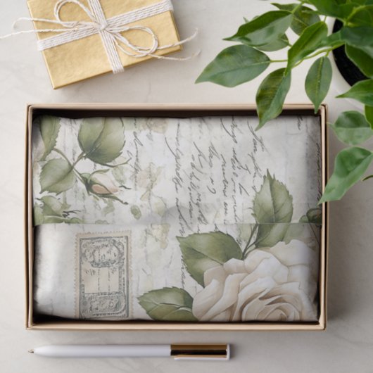 Pretty Ivory Roses with Simulated Text and Stamps Tissuepapier (Geschenk)