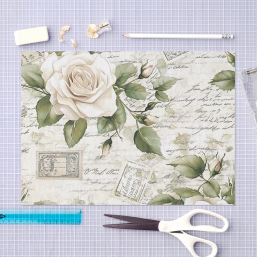 Pretty Ivory Roses with Simulated Text and Stamps Tissuepapier (Craft)