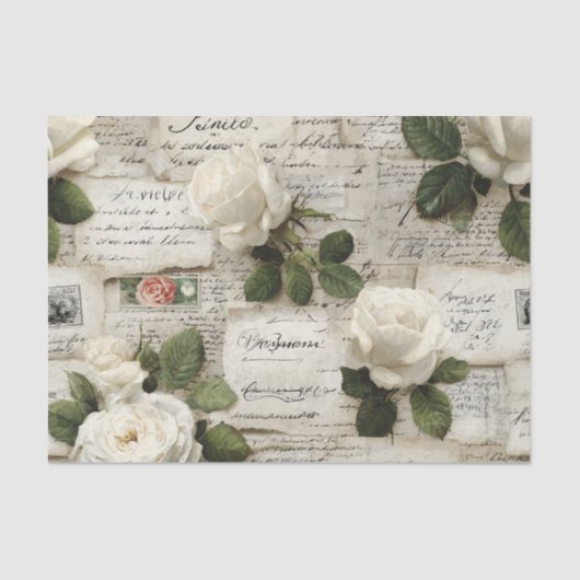Pretty Ivory Roses with Simulated Text and Stamps Tissuepapier (Voorkant)