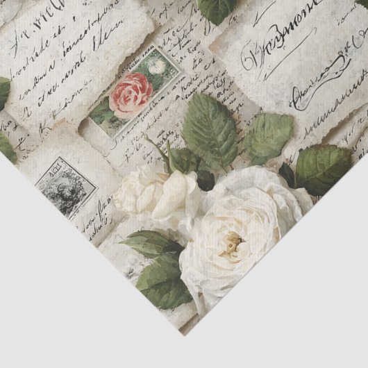 Pretty Ivory Roses with Simulated Text and Stamps Tissuepapier (Detail)