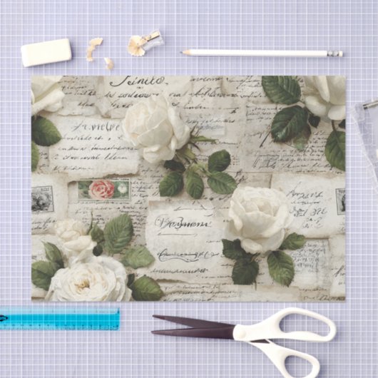 Pretty Ivory Roses with Simulated Text and Stamps Tissuepapier (Craft)