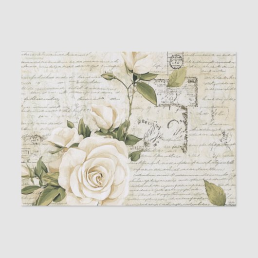 Pretty Ivory Roses with Simulated Text and Stamps Tissuepapier (Voorkant)
