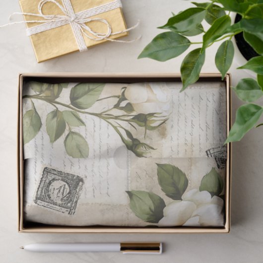 Pretty Ivory Roses with Simulated Text and Stamps Tissuepapier (Geschenk)