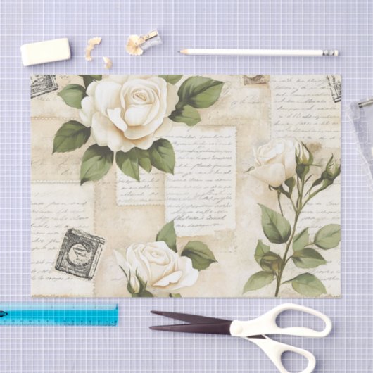 Pretty Ivory Roses with Simulated Text and Stamps Tissuepapier (Craft)