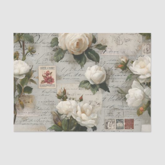 Pretty Ivory Roses with Simulated Text and Stamps Tissuepapier (Voorkant)