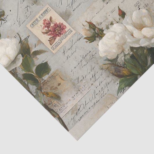 Pretty Ivory Roses with Simulated Text and Stamps Tissuepapier (Detail)